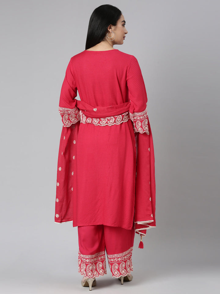 Neerus Red tiered straight yoke kurta suit set - side view