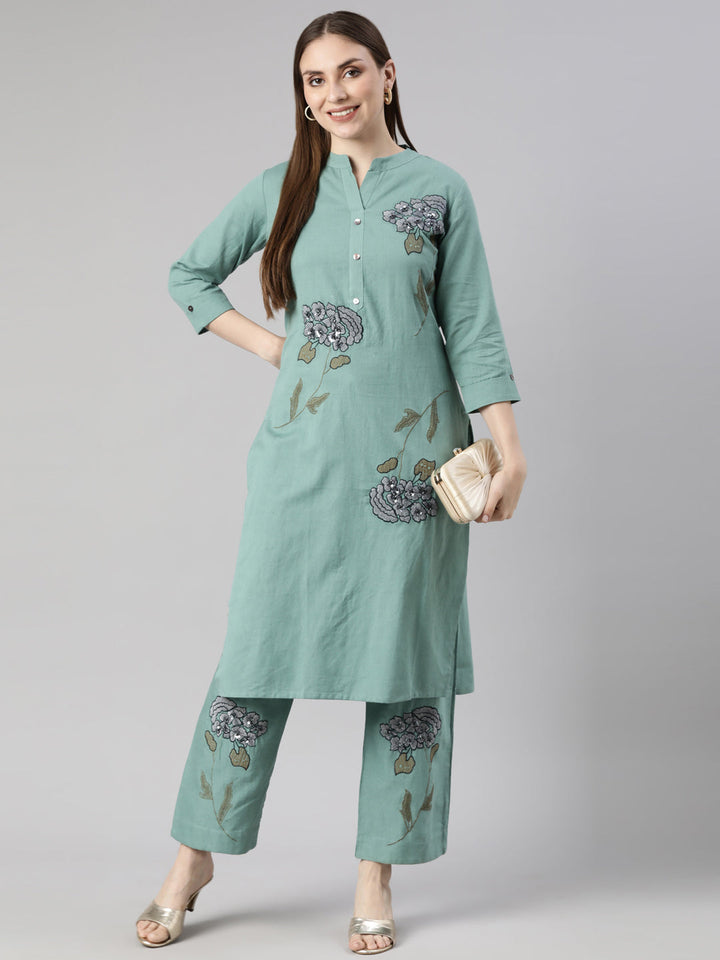 Neerus Blue floral printed kurta set - detail view 2