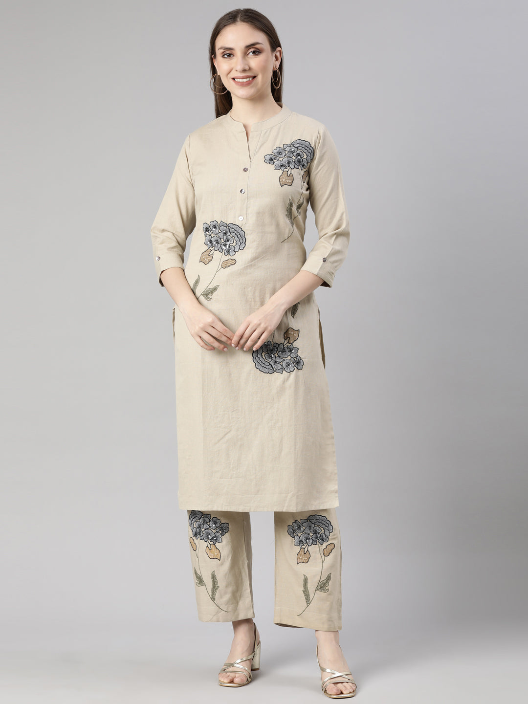 Neerus Beige printed floral kurta set with trousers - front view