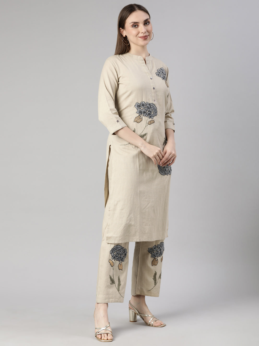 Neerus Beige printed floral kurta set with trousers - back view