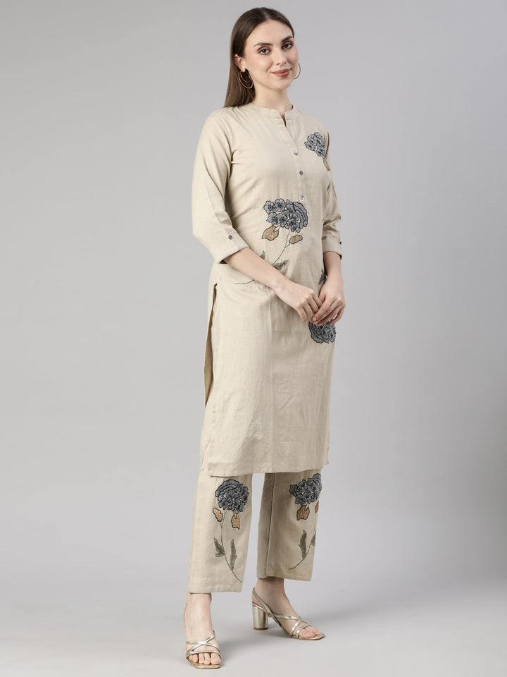 Neerus Beige printed floral kurta set with trousers - back view