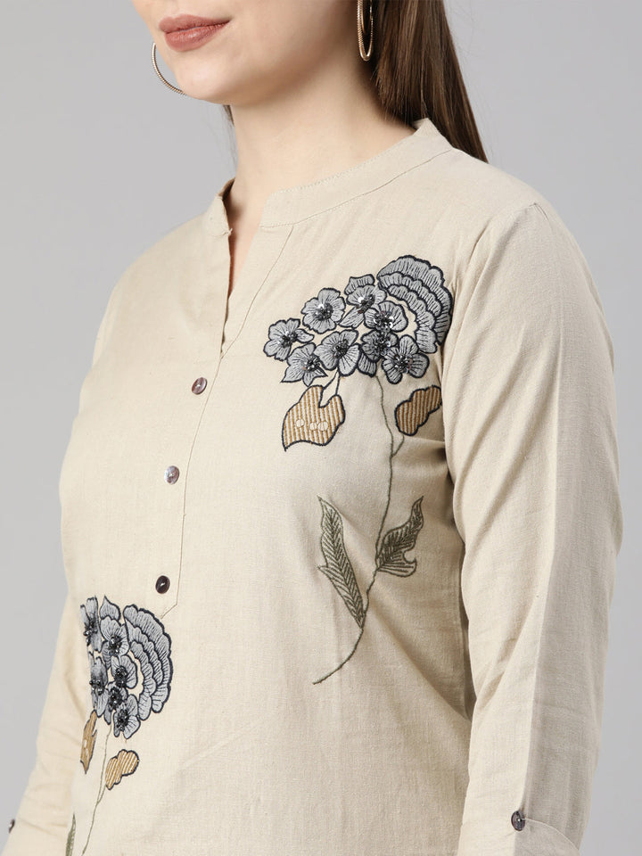 Neerus Beige printed floral kurta set with trousers - detail view 1