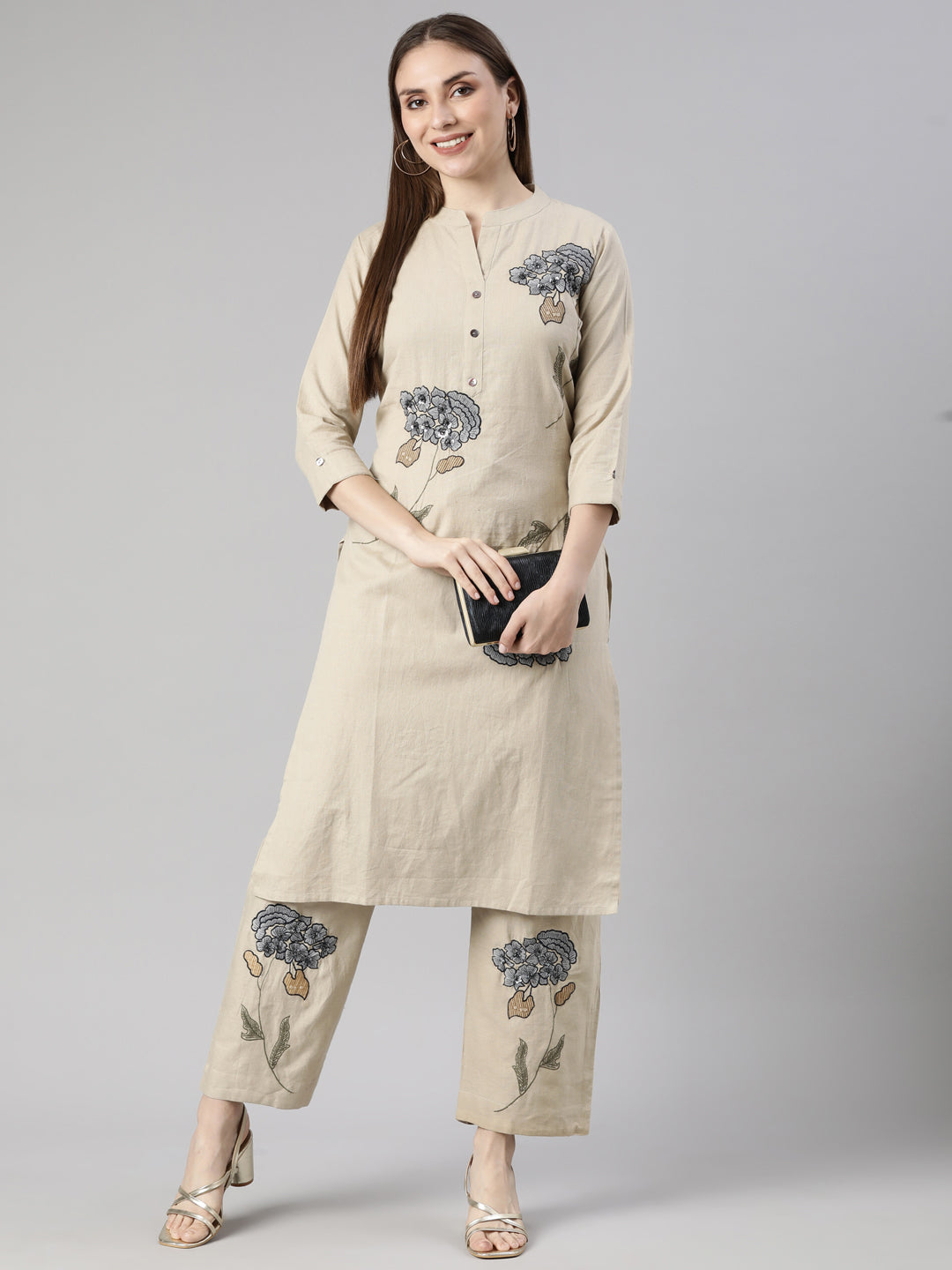 Neerus Beige printed floral kurta set with trousers - detail view 2