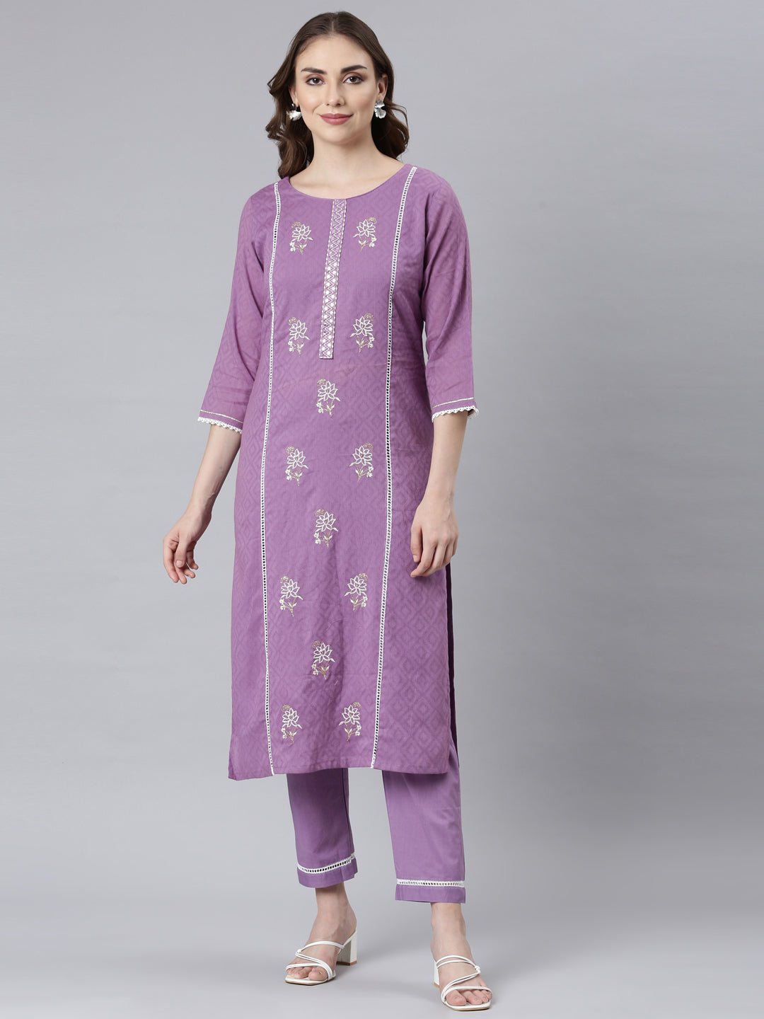 Neerus Purple cotton printed kurta set with trousers - front view