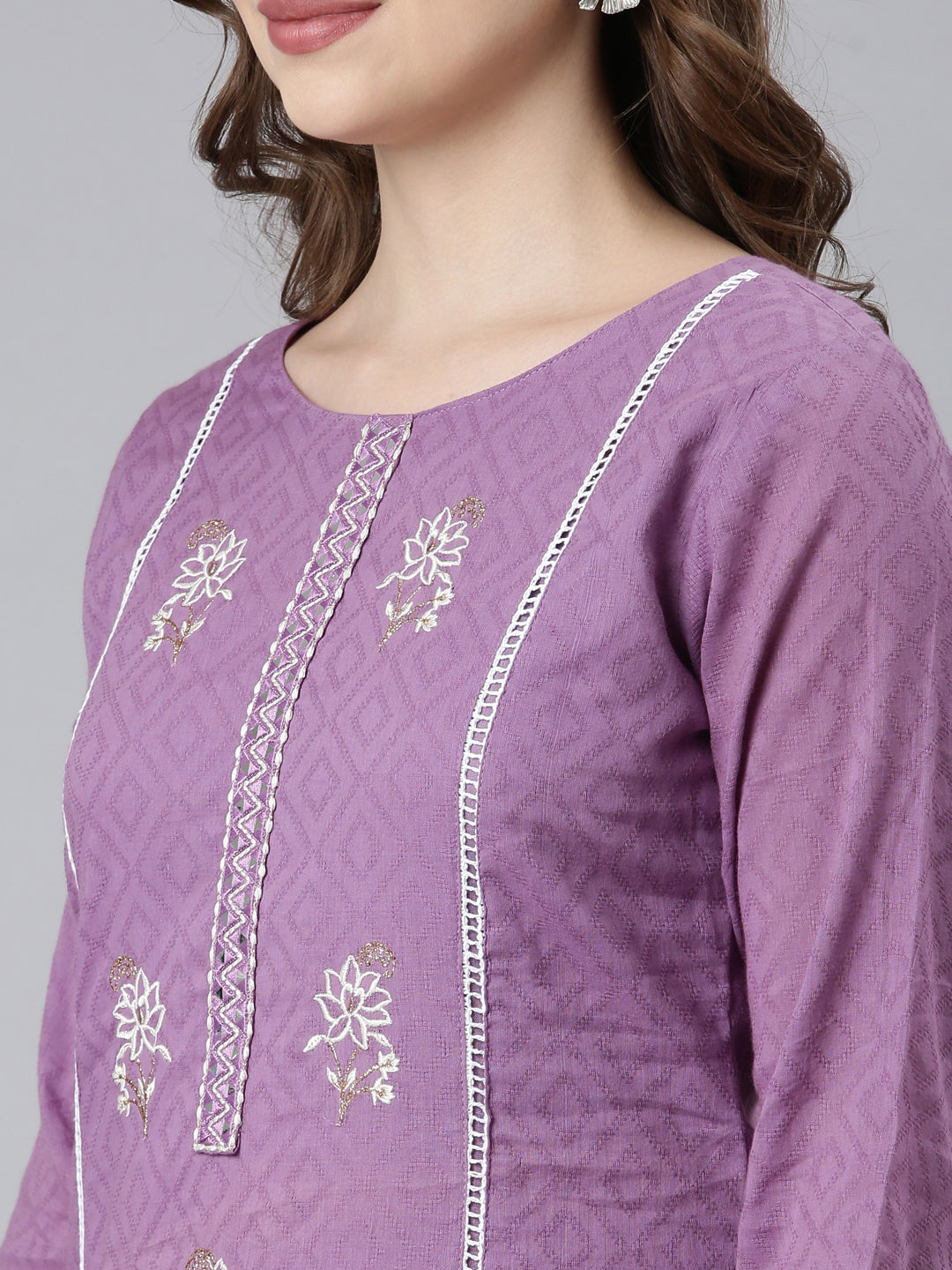 Neerus Purple cotton printed kurta set with trousers - back view