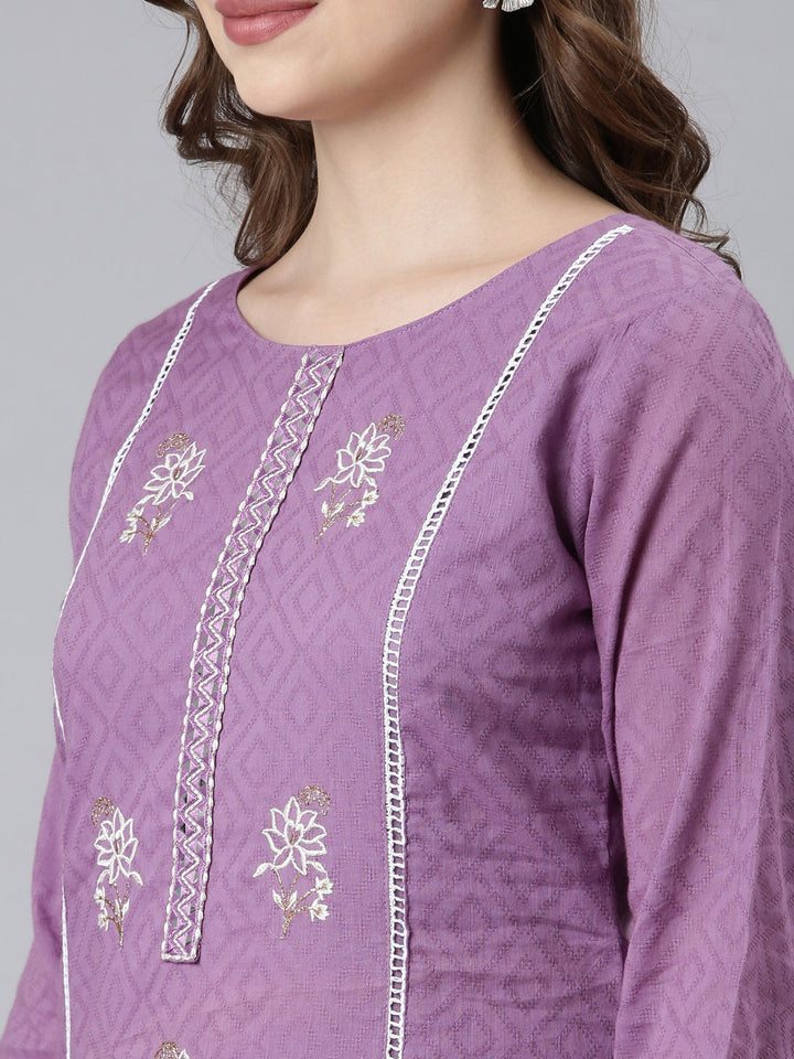 Neerus Purple cotton printed kurta set with trousers - back view