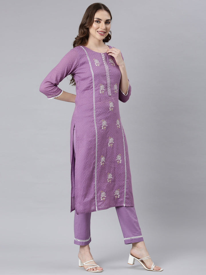 Neerus Purple cotton printed kurta set with trousers - side view
