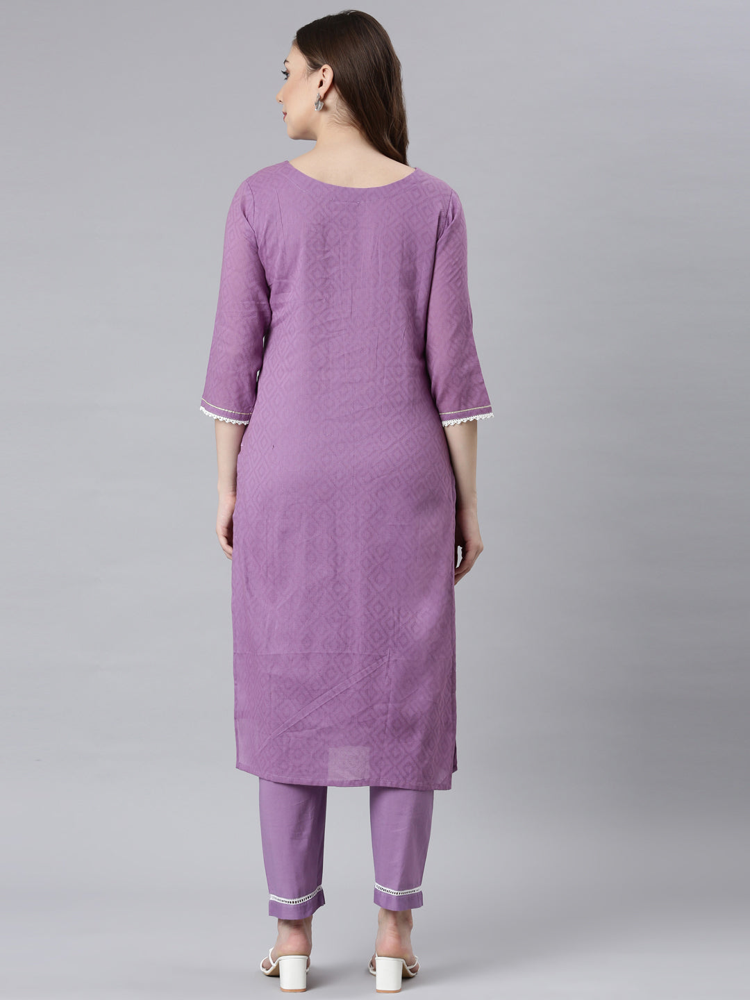 Neerus Purple cotton printed kurta set with trousers - detail view 1