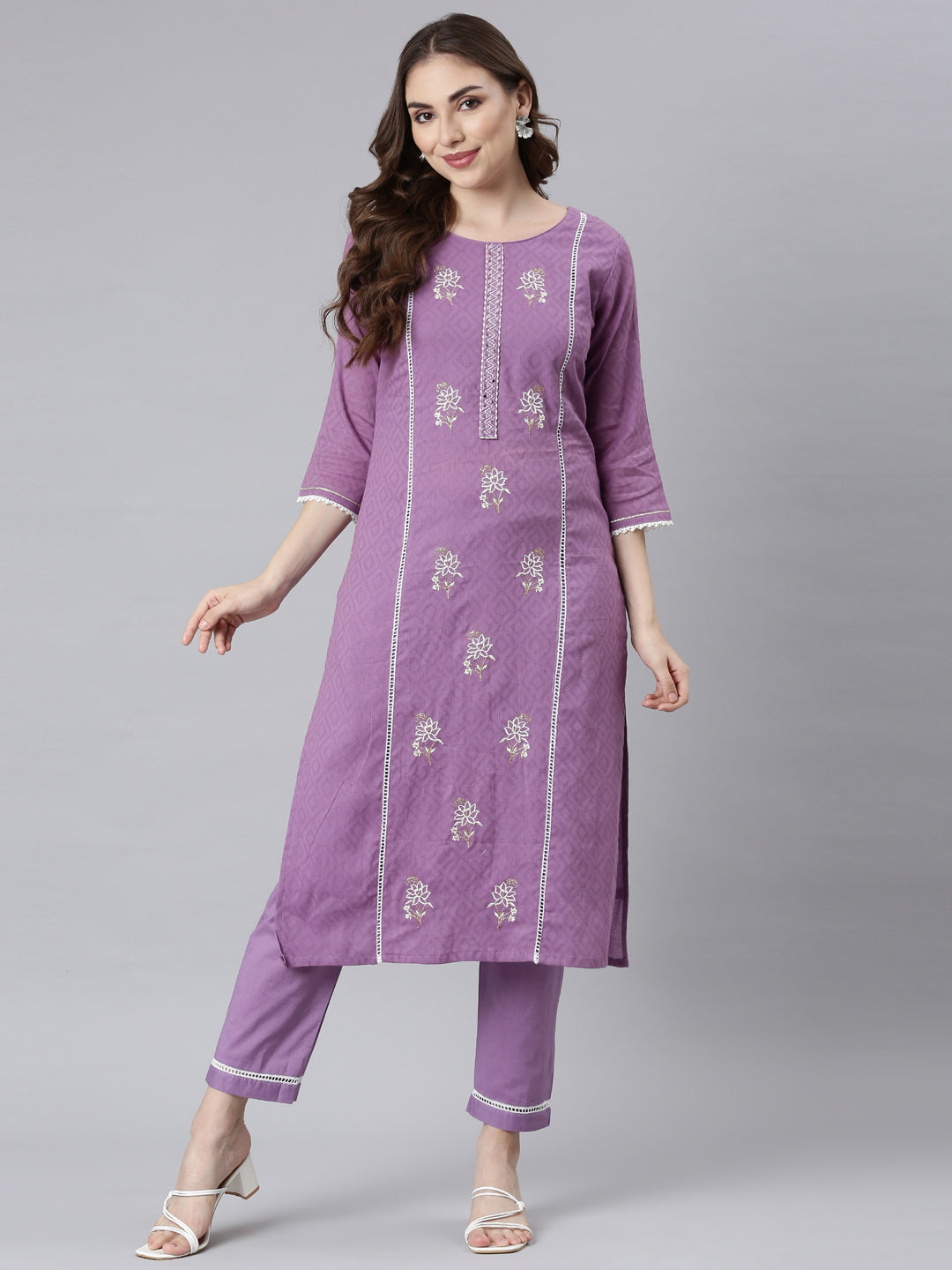 Neerus Purple cotton printed kurta set with trousers - detail view 2