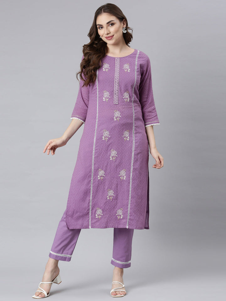 Neerus Purple cotton printed kurta set with trousers - detail view 2