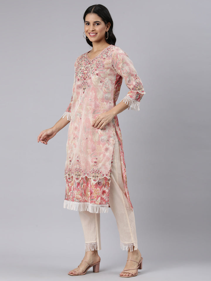 Neerus Cream Regular Straight Printed Kurta and Trousers With Dupatta