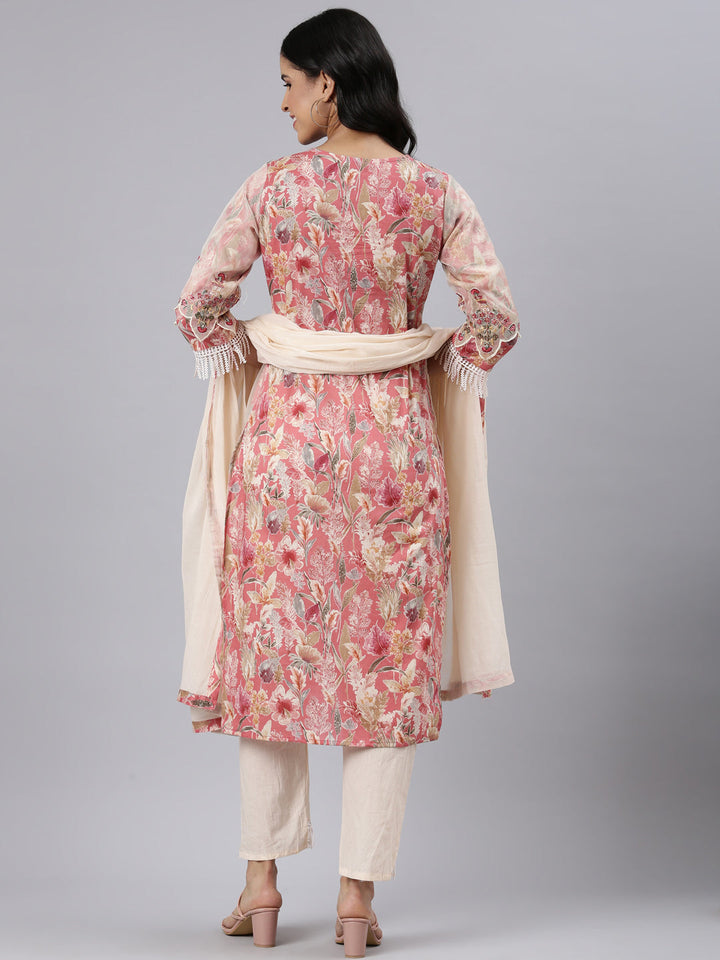 Neerus Cream Regular Straight Printed Kurta and Trousers With Dupatta