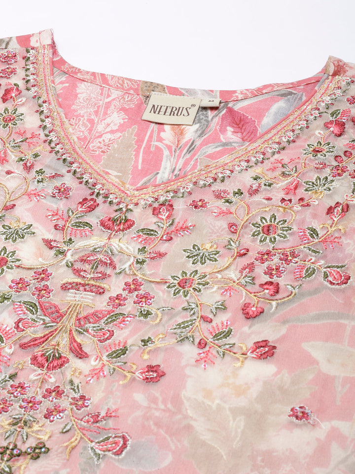 Neerus Cream Regular Straight Printed Kurta and Trousers With Dupatta