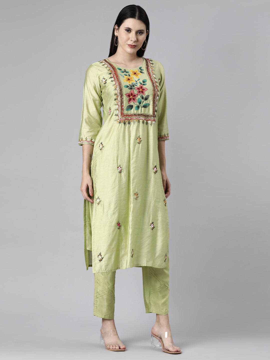 Neerus Green muslin printed suit set - side view