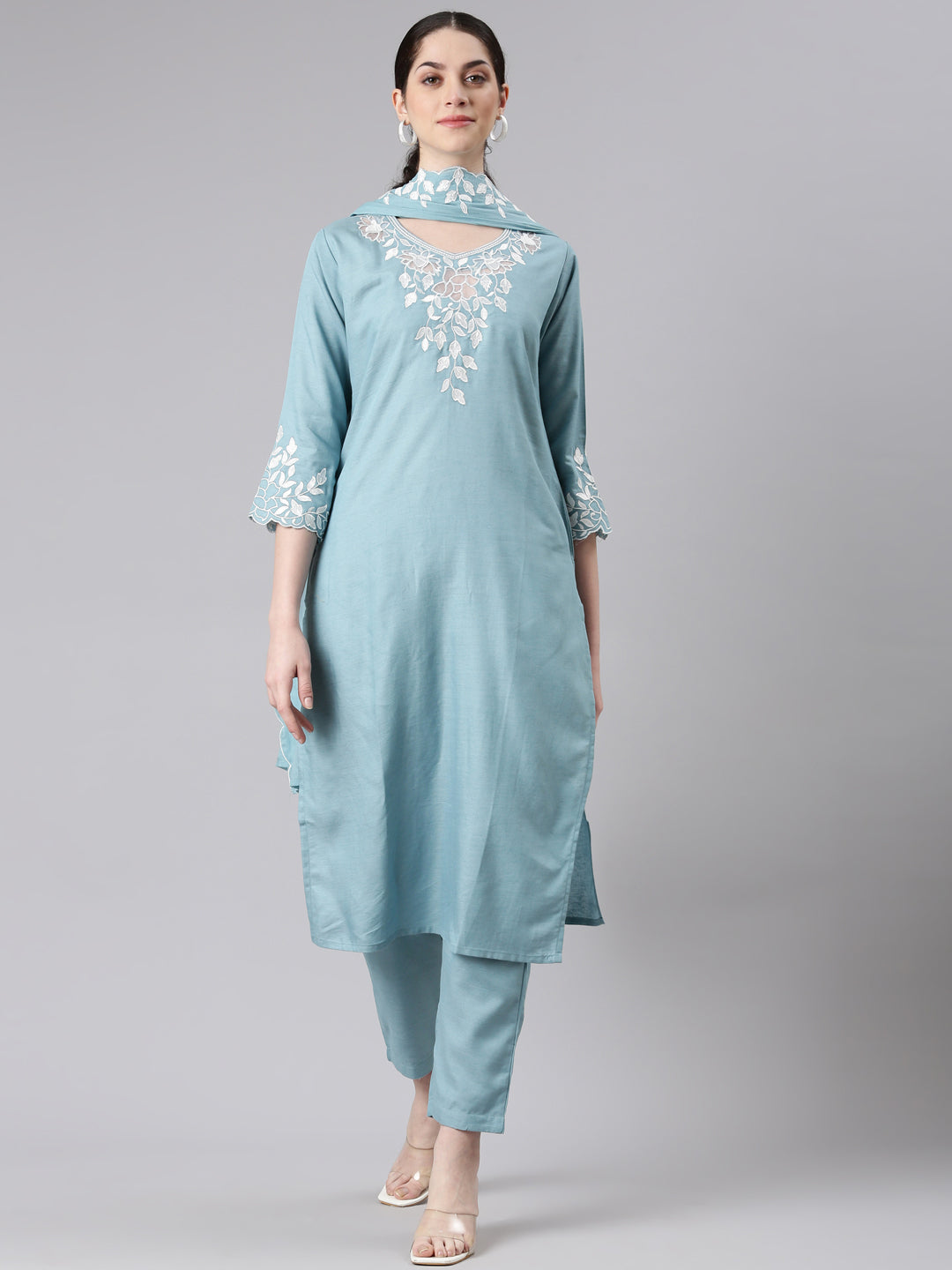 Neerus Blue solid straight suit set with dupatta - front view