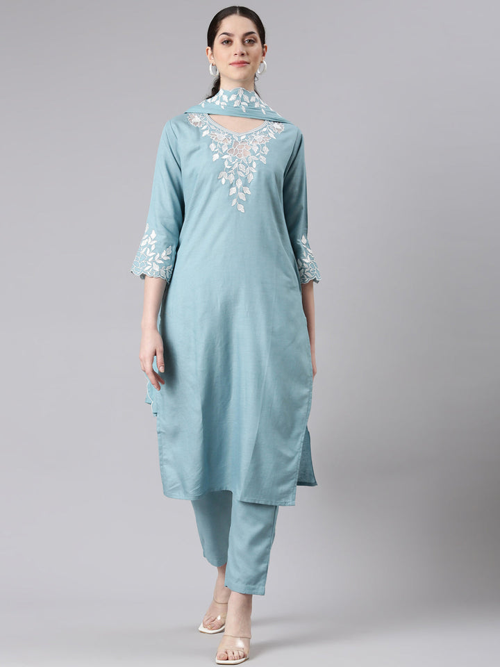 Neerus Blue solid straight suit set with dupatta - front view