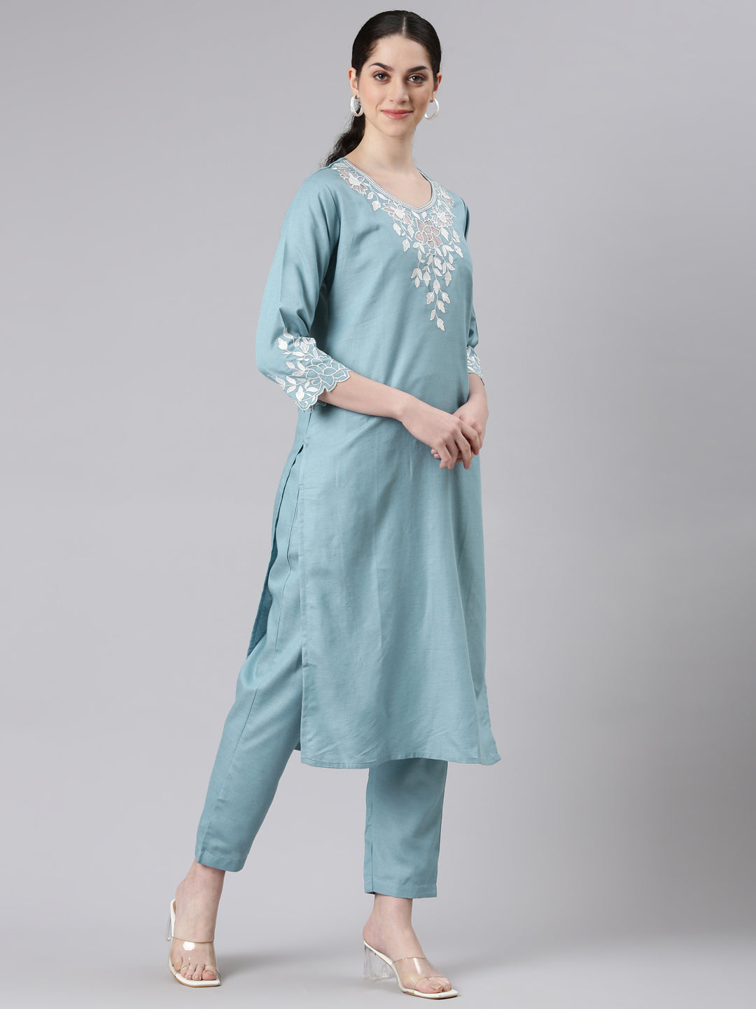 Neerus Blue solid straight suit set with dupatta - back view