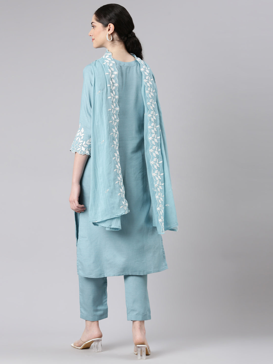 Neerus Blue solid straight suit set with dupatta - side view