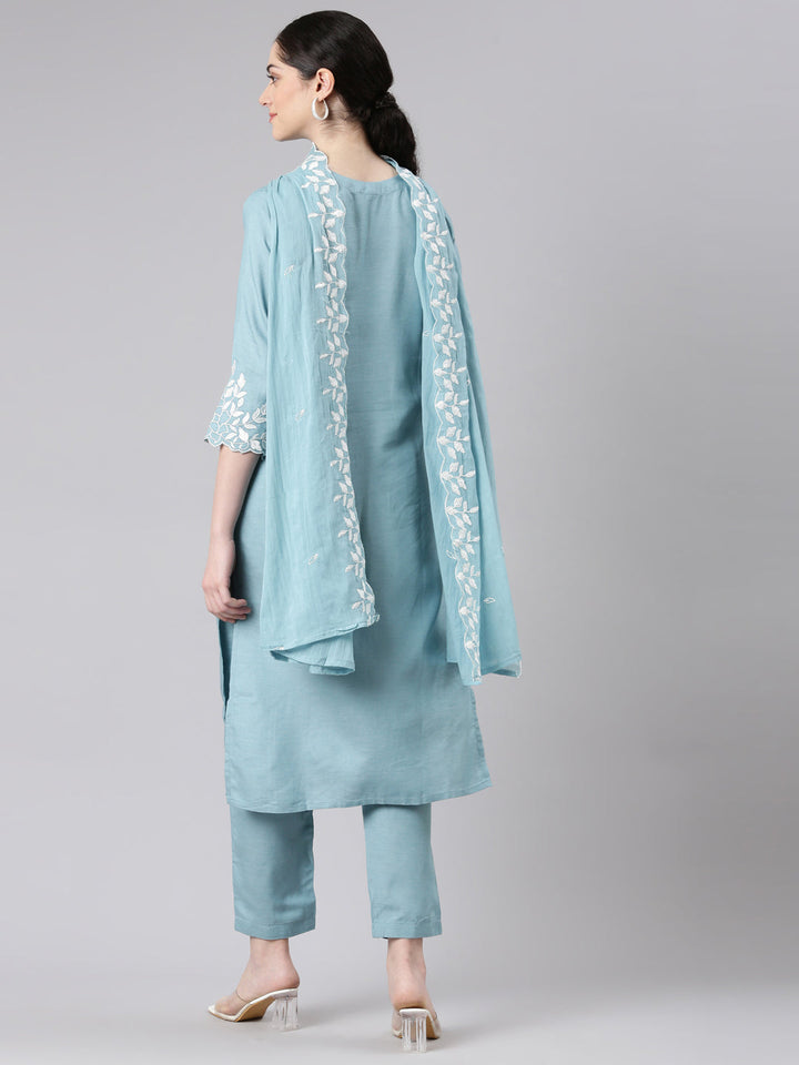 Neerus Blue solid straight suit set with dupatta - side view