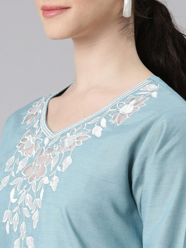 Neerus Blue solid straight suit set with dupatta - detail view 1