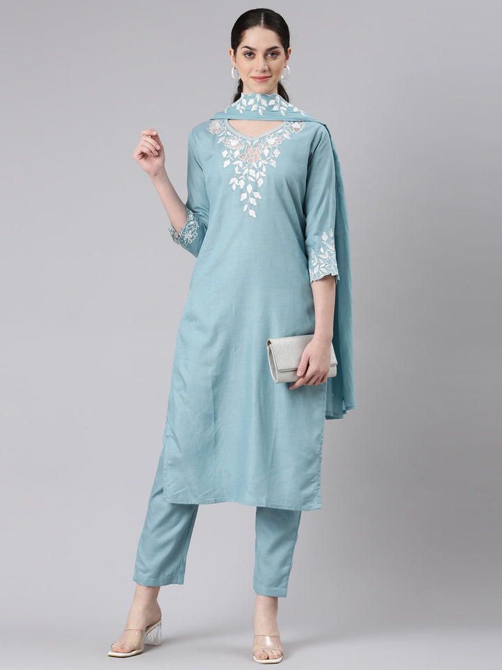 Neerus Blue solid straight suit set with dupatta - detail view 2