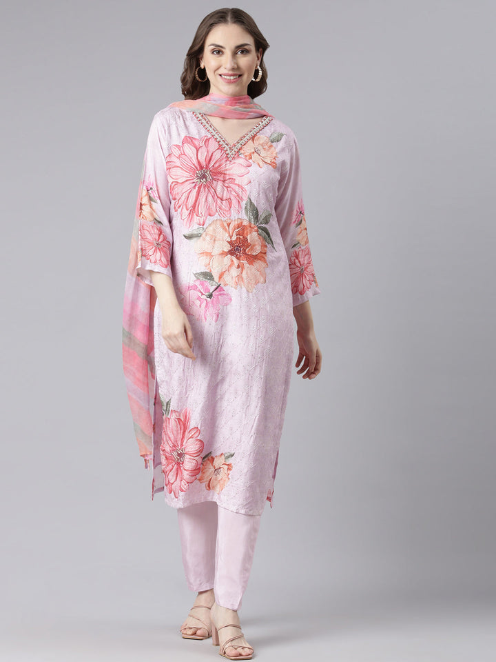 Neerus Purple Santoon Straight Casual Floral Kurta and Trouser with Dupatta