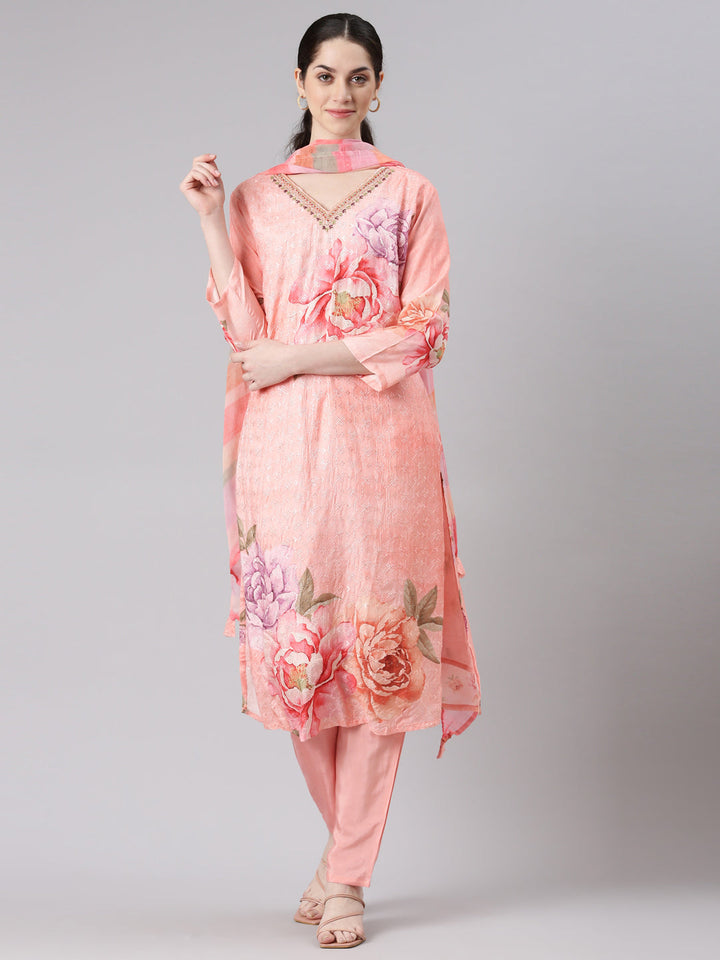Neerus Women Peach Straight Kurta and Trousers With Dupatta
