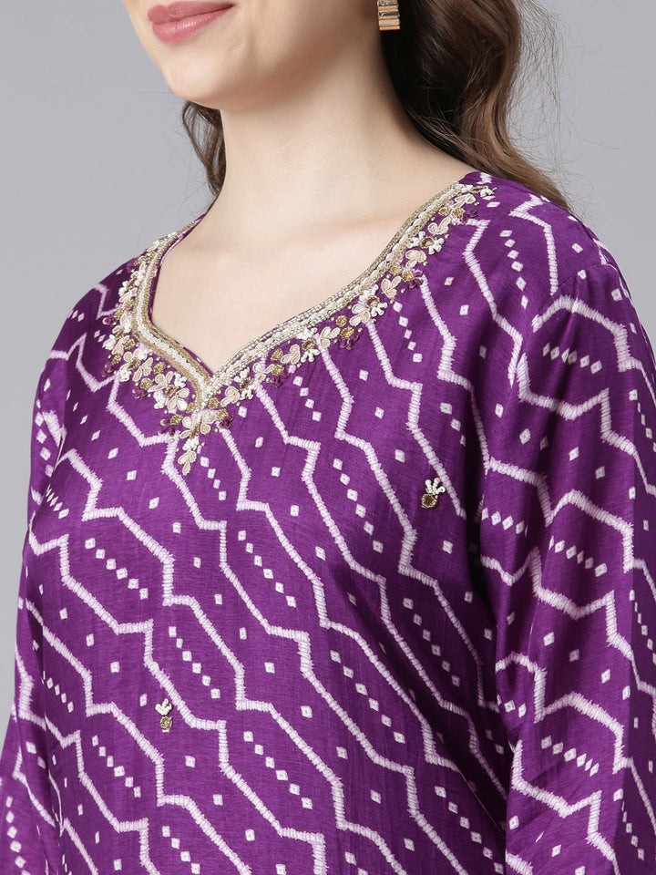 Neerus Purple Silk Straight Casual Chevron Kurta and Trouser with Dupatta