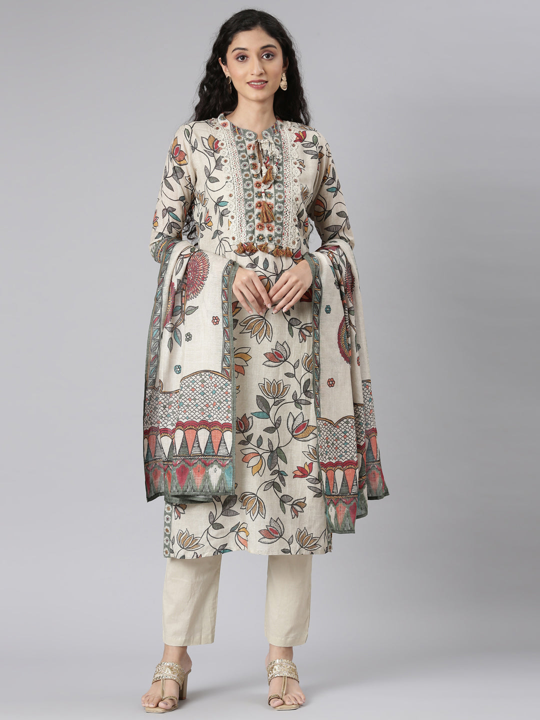 Neerus Beige cotton printed suit set - front view