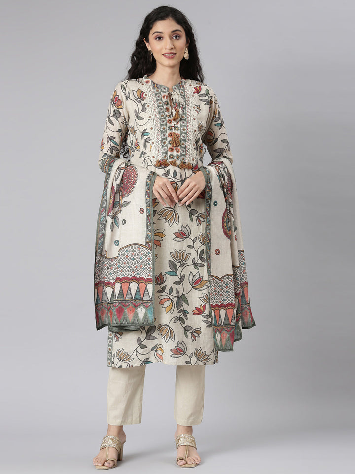 Neerus Beige cotton printed suit set - front view