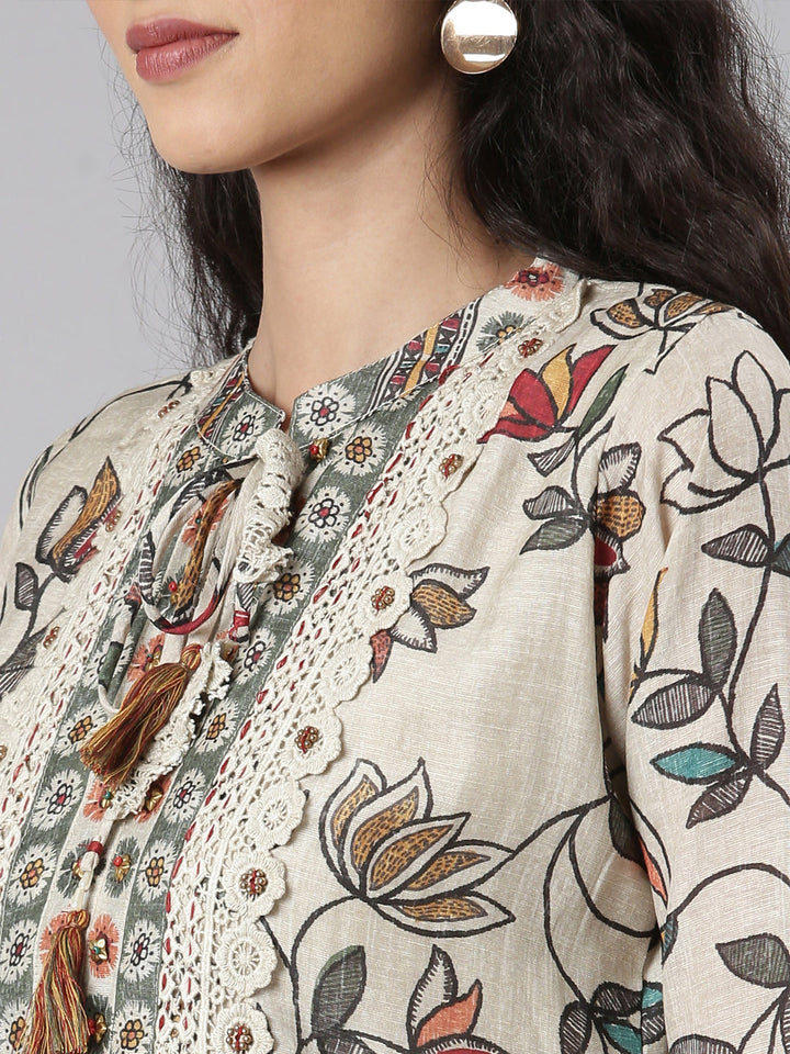 Neerus Beige cotton printed suit set - detail view 2