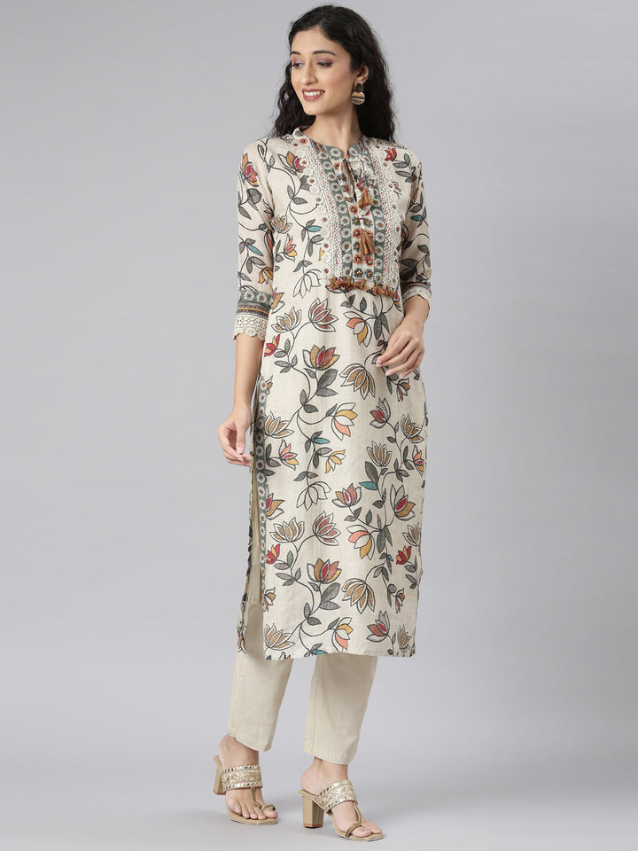 Neerus Beige cotton printed suit set - side view