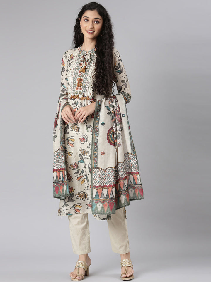 Neerus Beige cotton printed suit set - detail view 3