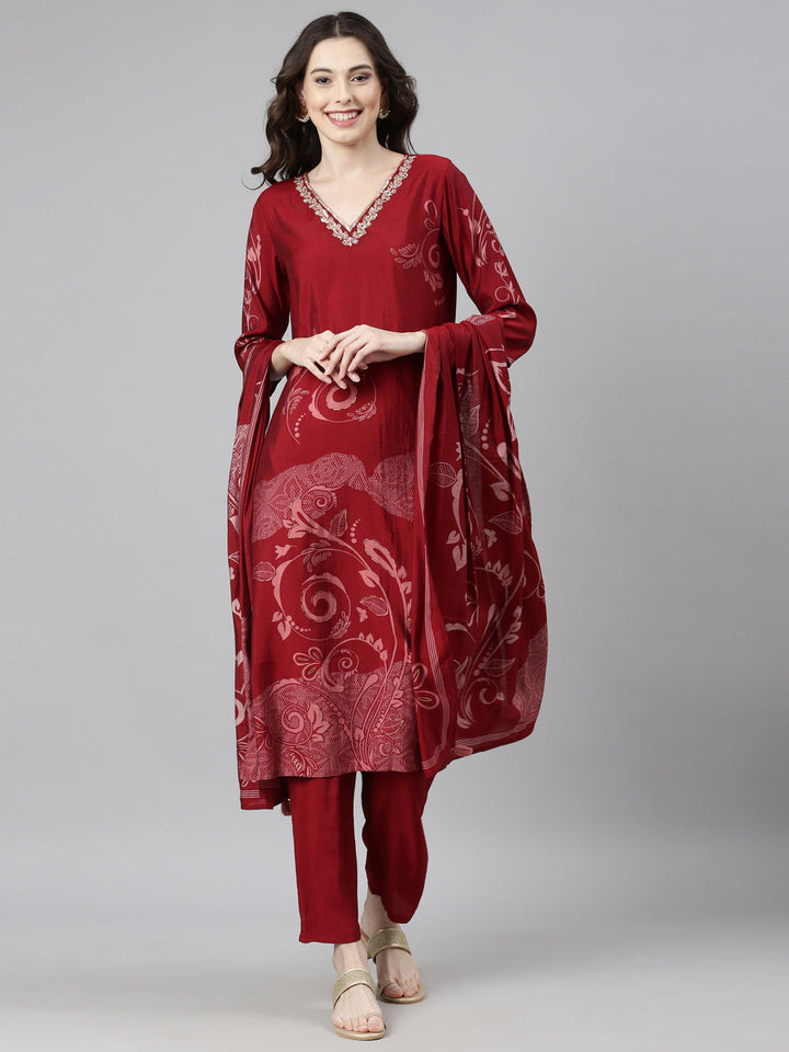 Neerus Maroon rayon straight suit set - front view