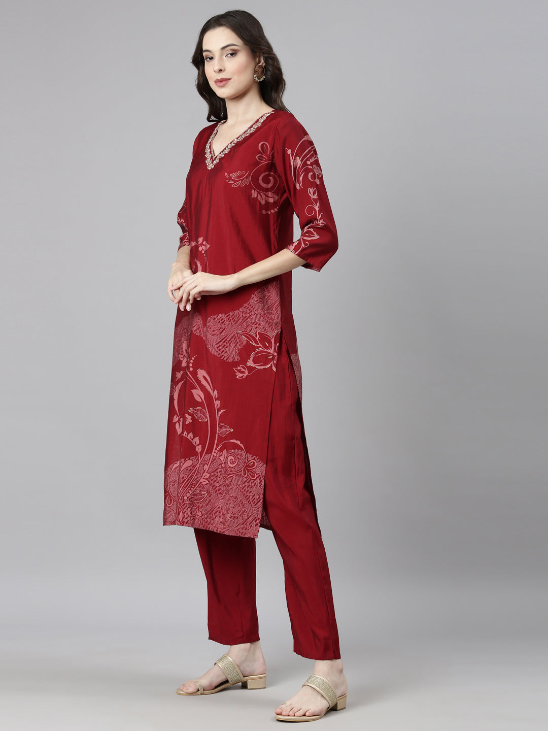 Neerus Maroon rayon straight suit set - back view