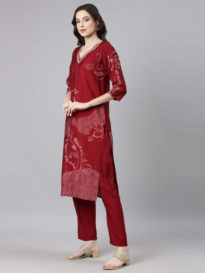 Neerus Maroon rayon straight suit set - back view
