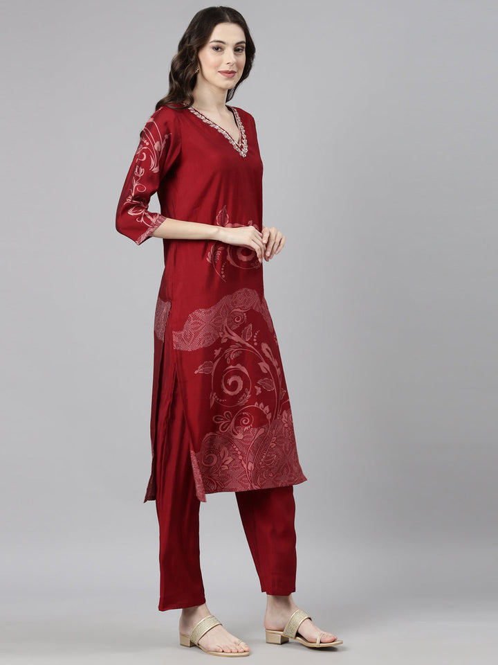Neerus Maroon rayon straight suit set - side view