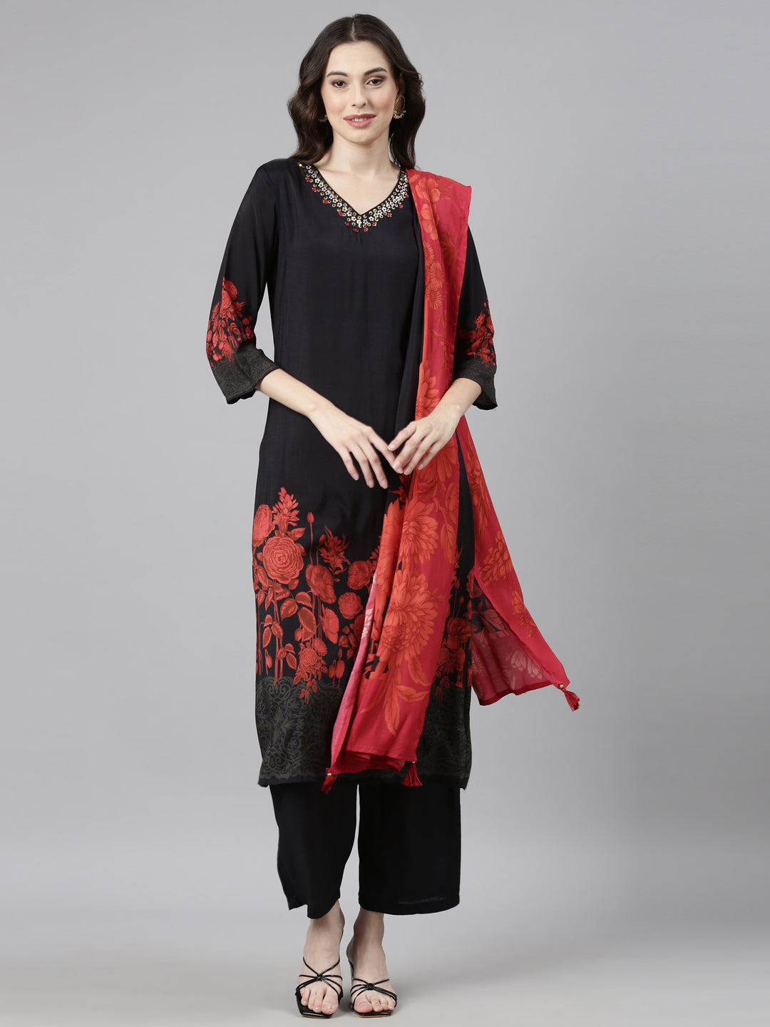 Neerus Black muslin printed floral suit set - front view