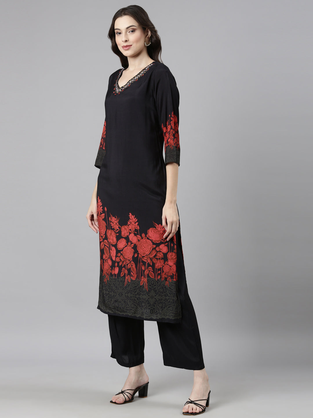 Neerus Black muslin printed floral suit set - back view
