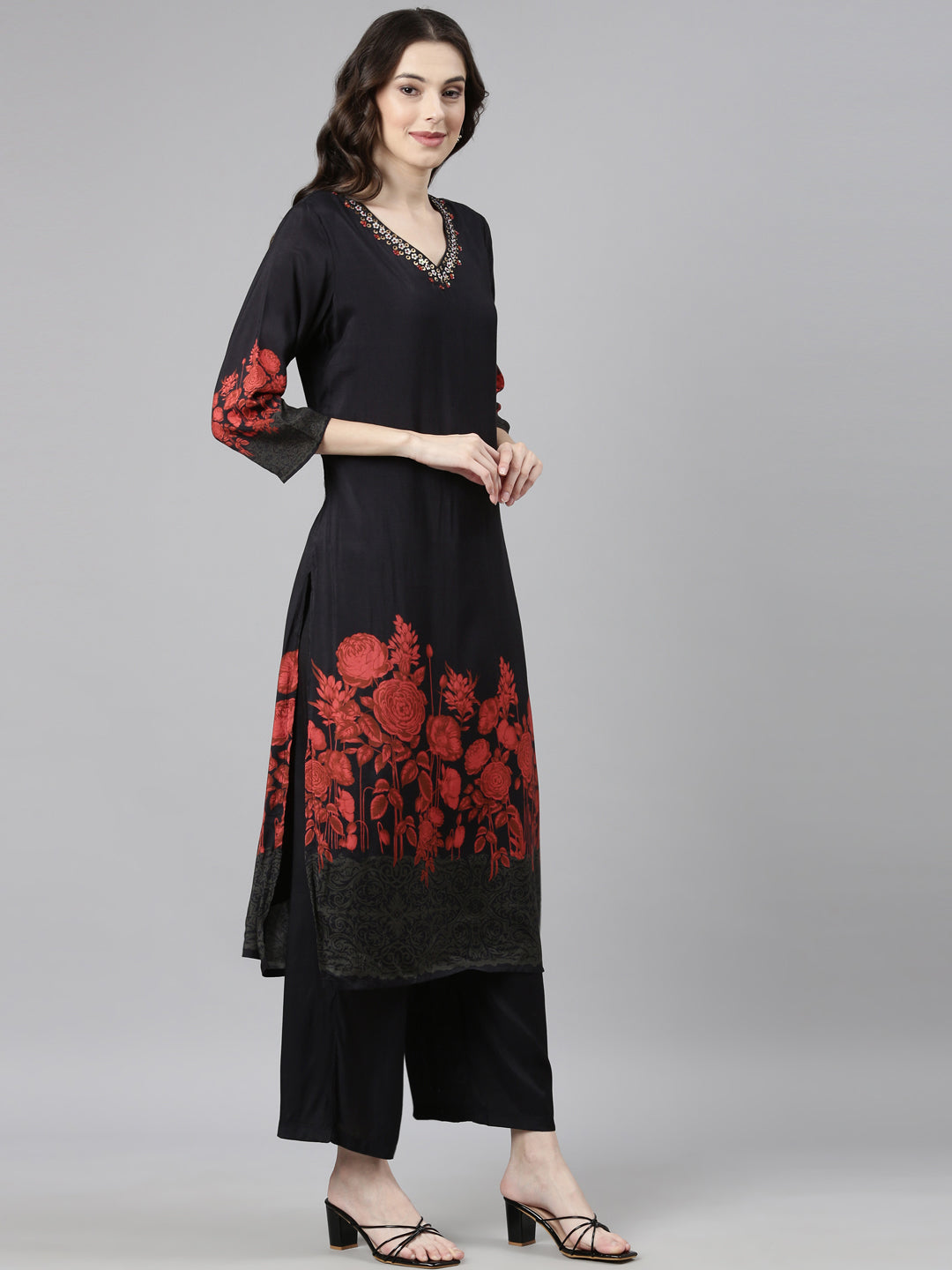 Neerus Black muslin printed floral suit set - side view