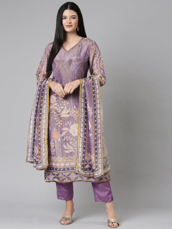 Neerus Purple tissue printed suit set - front view