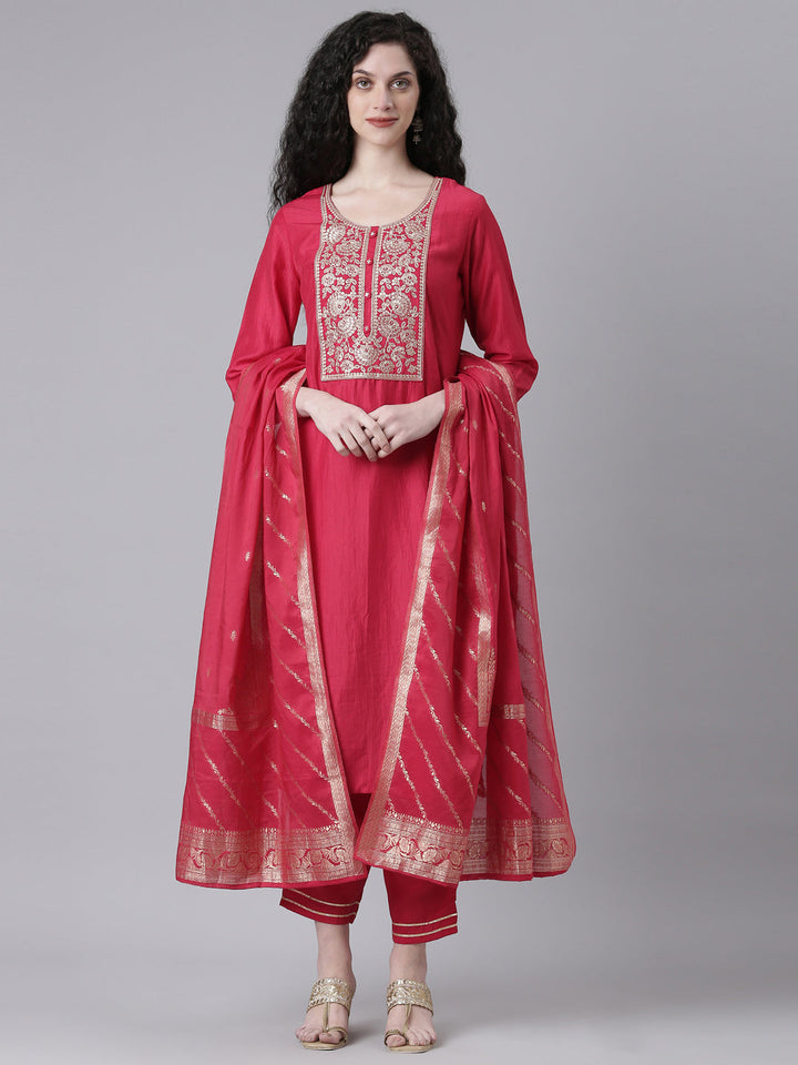 Neerus Maroon Solid Straight Kurta and Trousers With Dupatta