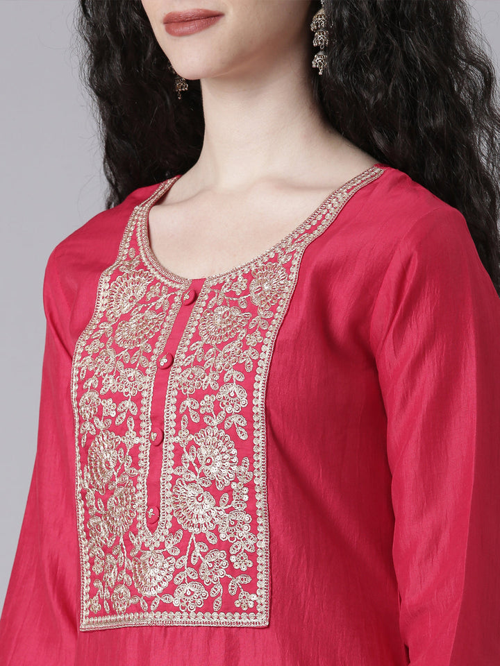 Neerus Maroon Solid Straight Kurta and Trousers With Dupatta