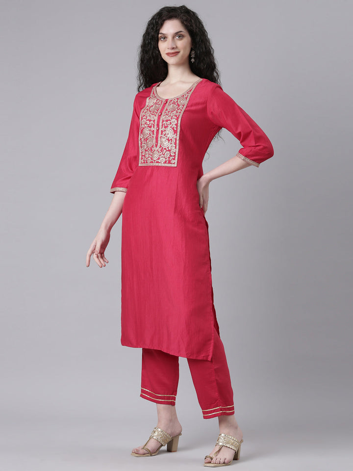Neerus Maroon Solid Straight Kurta and Trousers With Dupatta