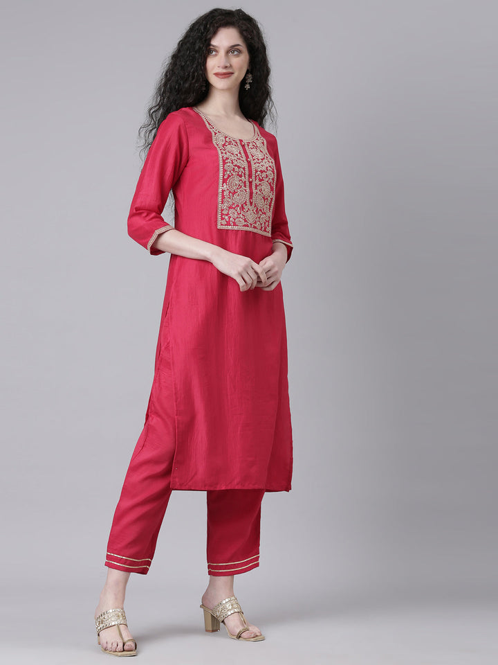Neerus Maroon Solid Straight Kurta and Trousers With Dupatta