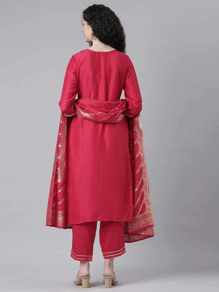 Neerus Maroon Solid Straight Kurta and Trousers With Dupatta