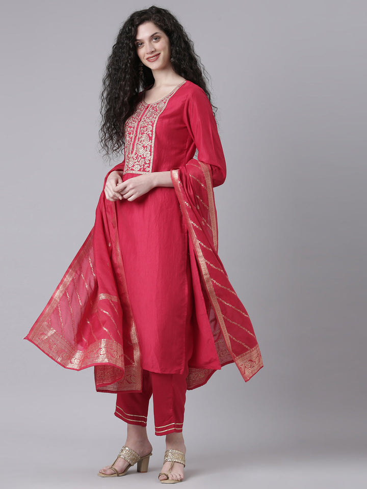 Neerus Maroon Solid Straight Kurta and Trousers With Dupatta
