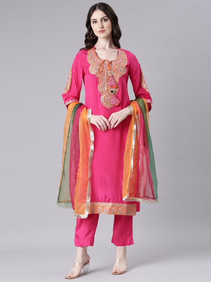 Neerus Pink Solid Straight Kurta and Trousers With Dupatta