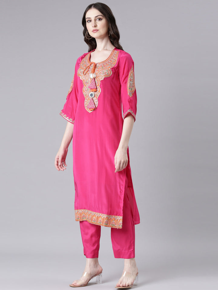 Neerus Pink Solid Straight Kurta and Trousers With Dupatta