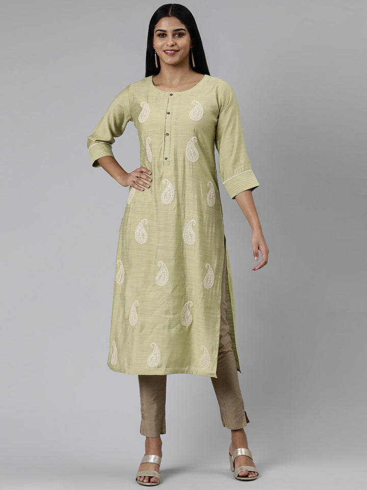 Neerus Green cotton chikankari kurti paisley embroidered - front view